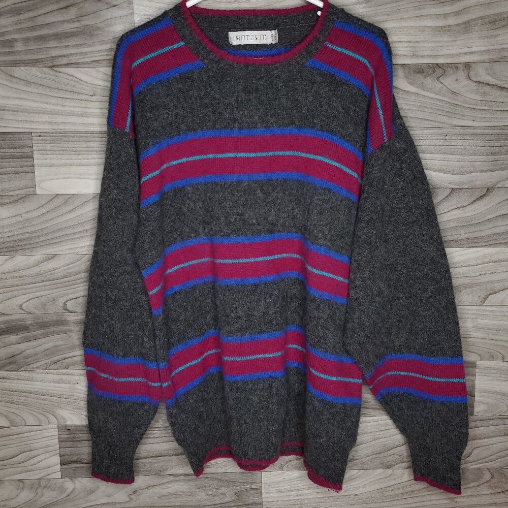 VTG Jantzen Sweater Mens Large Gray Striped Wool Orlon Pullover Made USA 90s